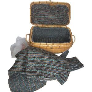 Vintage Woven Bamboo Rattan Domed Lid Basket With Latch Lined Quilting Fabric